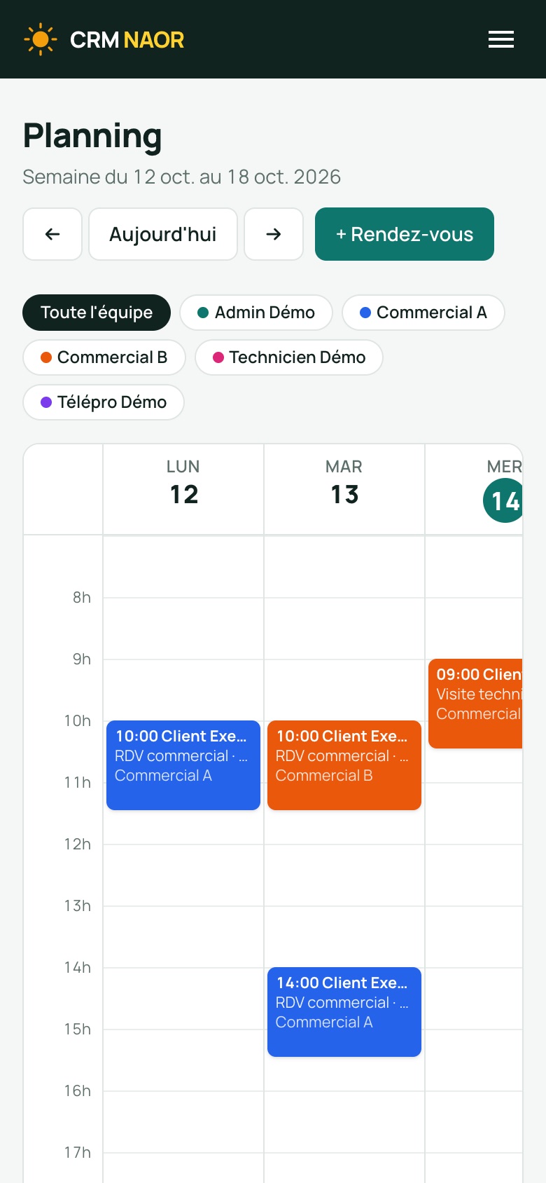 Planning de CRM NAOR sur téléphone